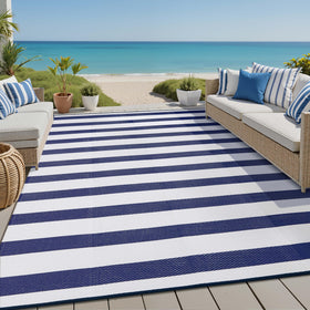 PureCozy outdoor rug 8x10 navy stripe for patios adds color and comfort.