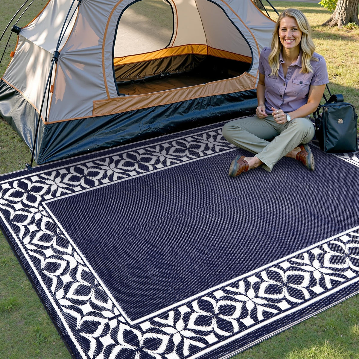 PureCozy camping and RV use outdoor rug ready for travel
