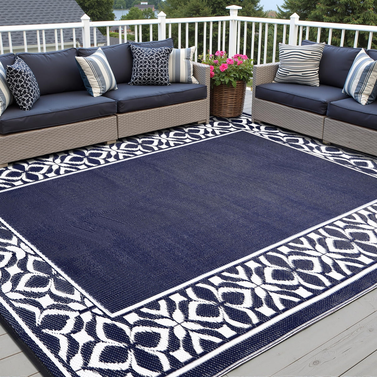 PureCozy navy geometric outdoor rug on a patio, easy to clean