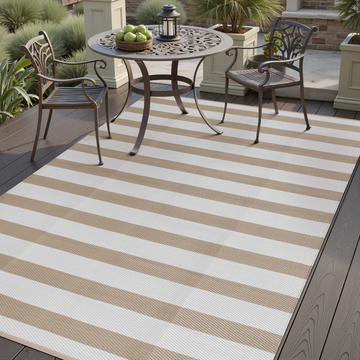 PureCozy reversible beige-striped rug offering two looks in one setup