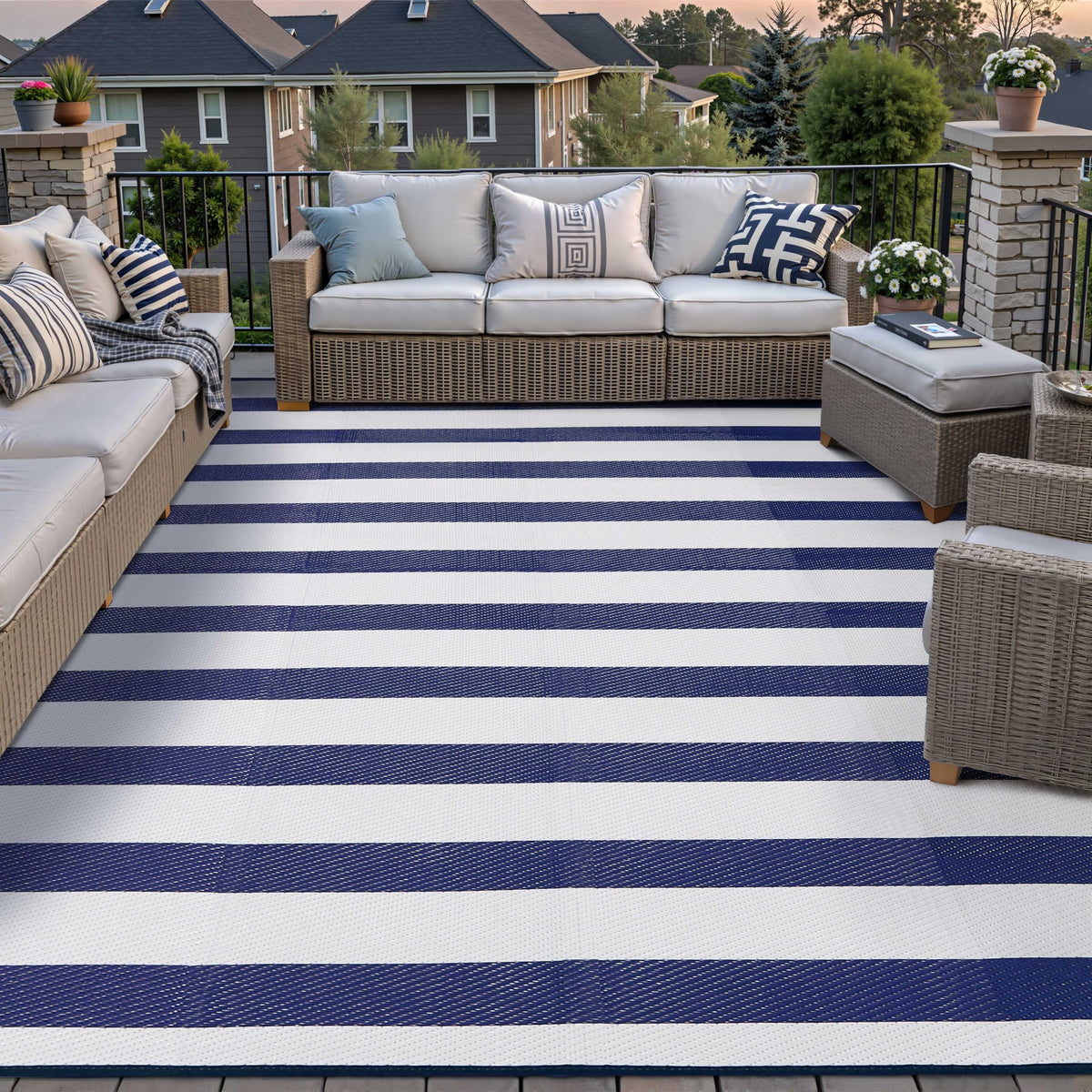 PureCozy reversible outdoor rug offers two looks in one for easy styling.