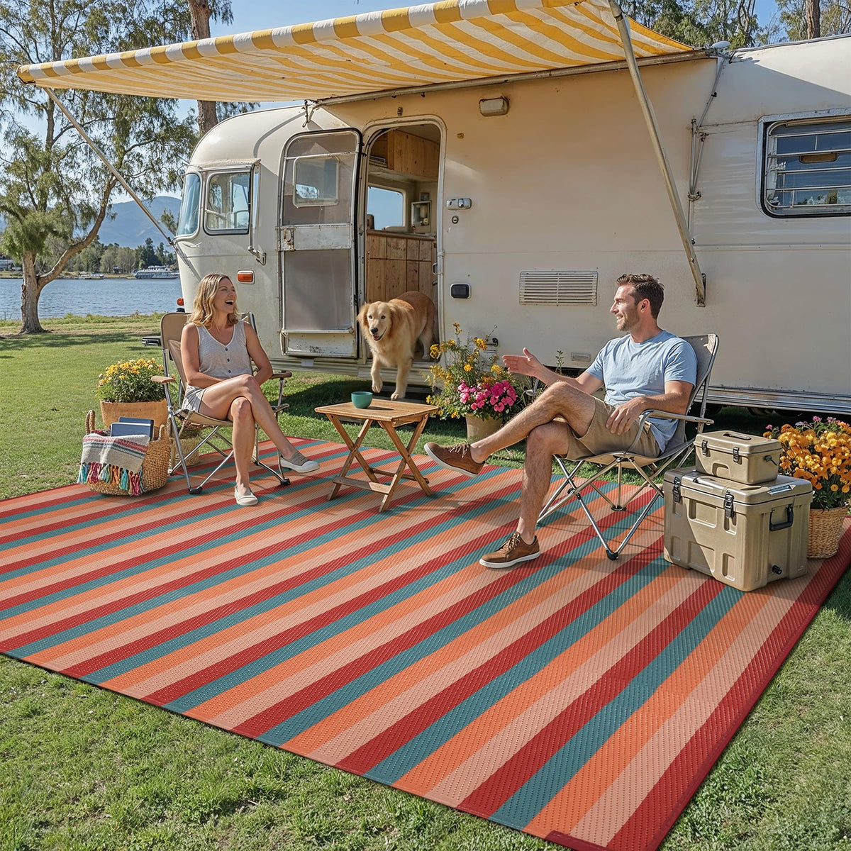 PureCozy outdoor rug reversible stripe closeup showing two color options.