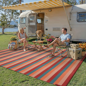 PureCozy outdoor rug reversible stripe closeup showing two color options.