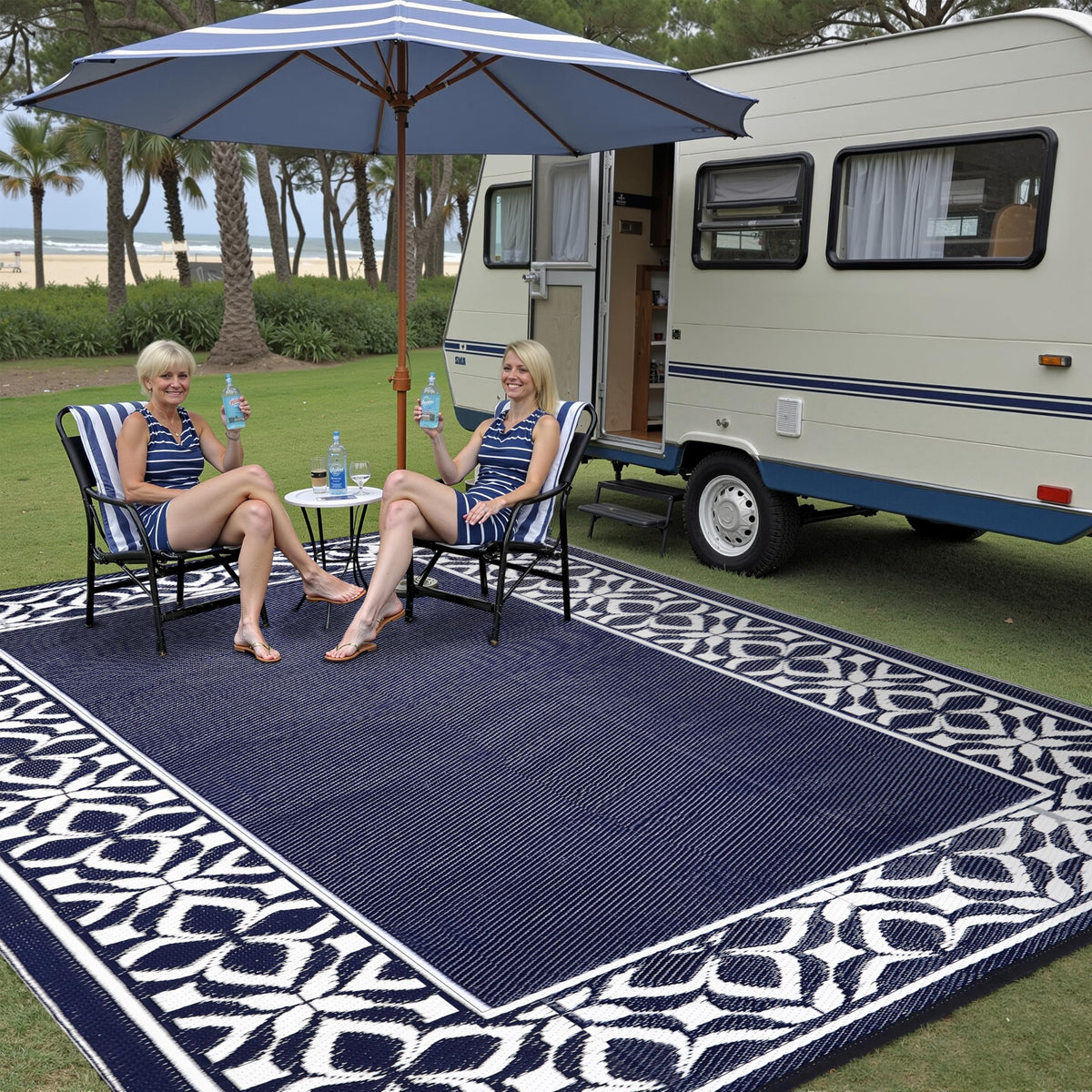 PureCozy waterproof outdoor rug showing water resistance for decks
