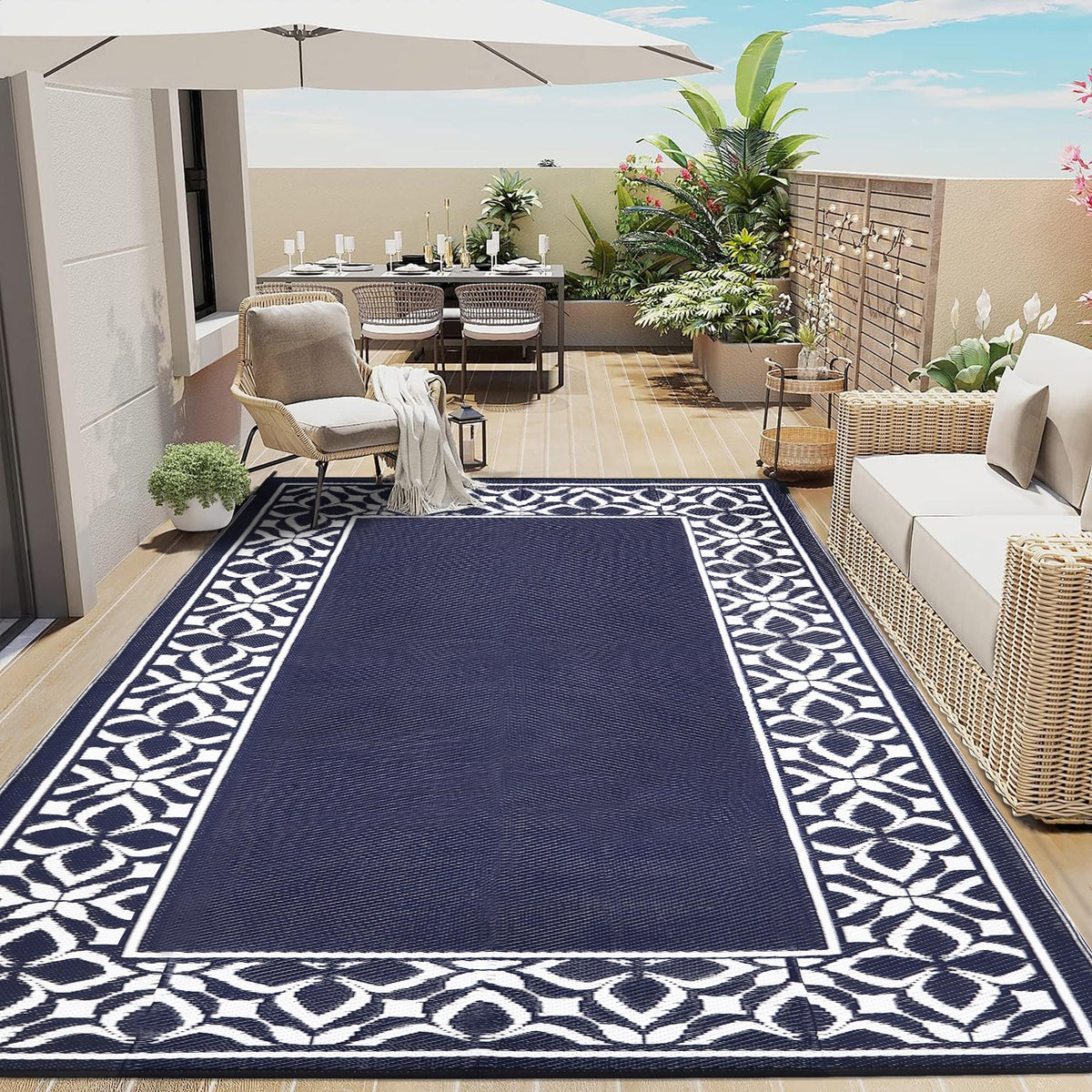 PureCozy 9x12 patio rug enhancing outdoor space with easy maintenance