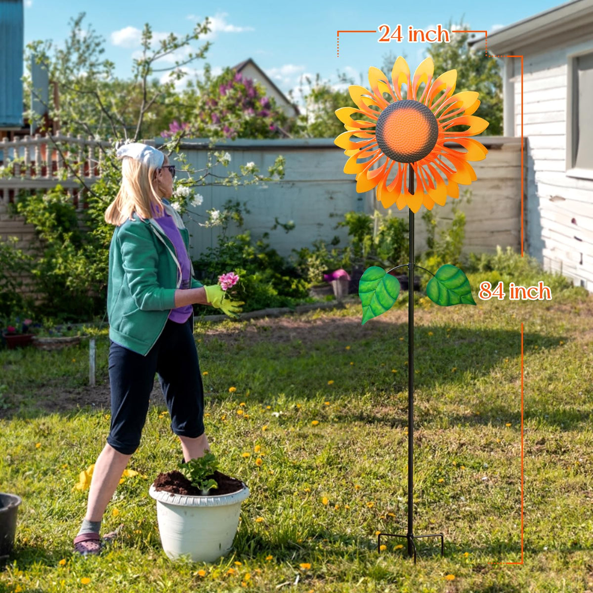 Pure Echo wind spinner with sturdy three-foot base offers stable yard presence.