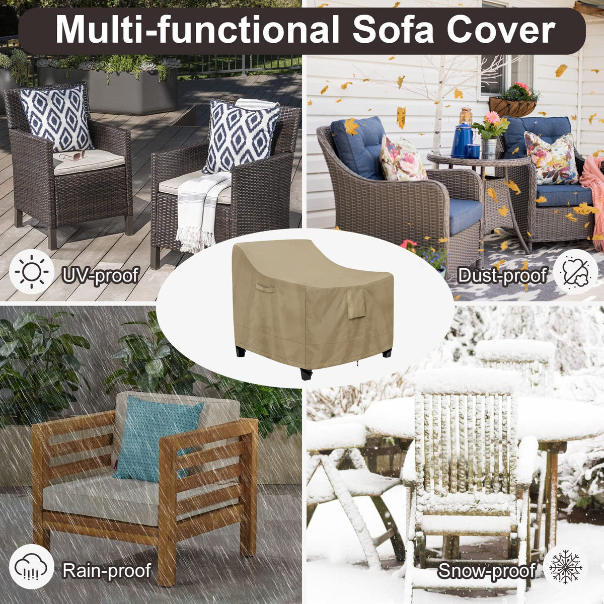 PureFit camel-color chair covers on a patio setting