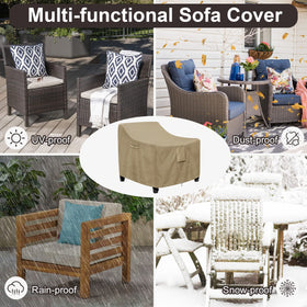 PureFit camel-color chair covers on a patio setting