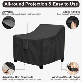 PureFit chair cover securely fastened with straps to prevent wind displacement