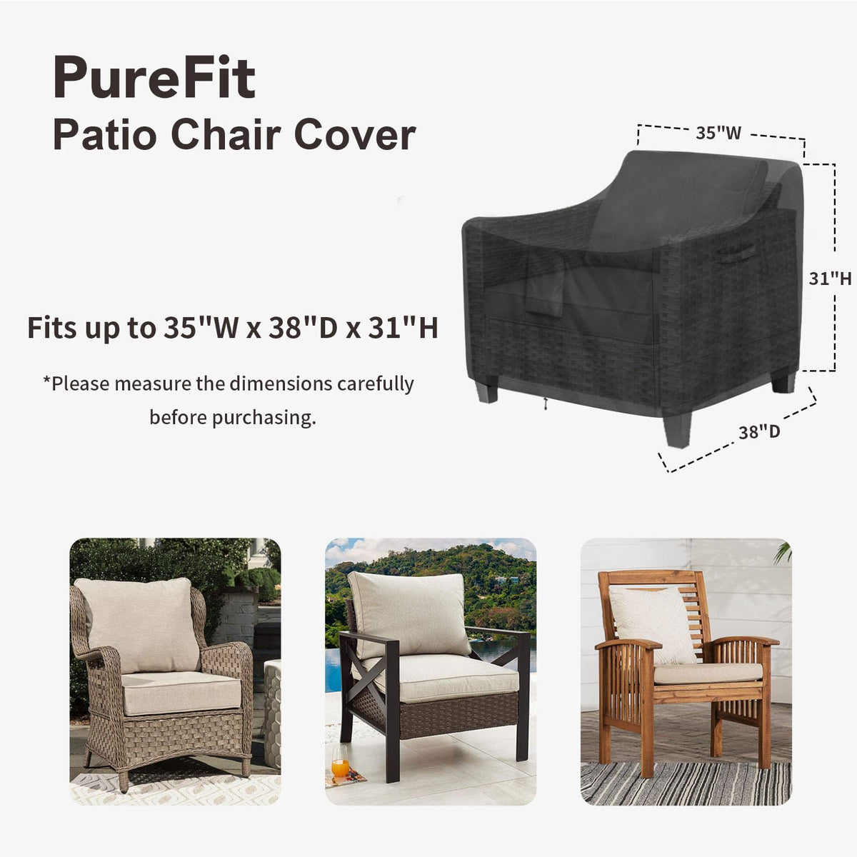 PureFit chair cover with fastening straps secures against wind