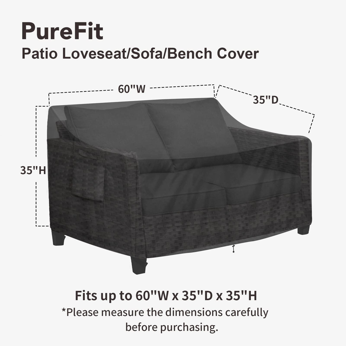 PureFit outdoor couch cover shows air vent for better airflow.