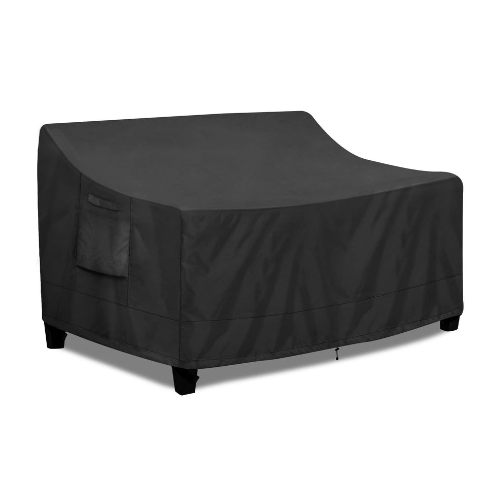 PureFit outdoor couch cover on a 2-seater protects from rain and sun.