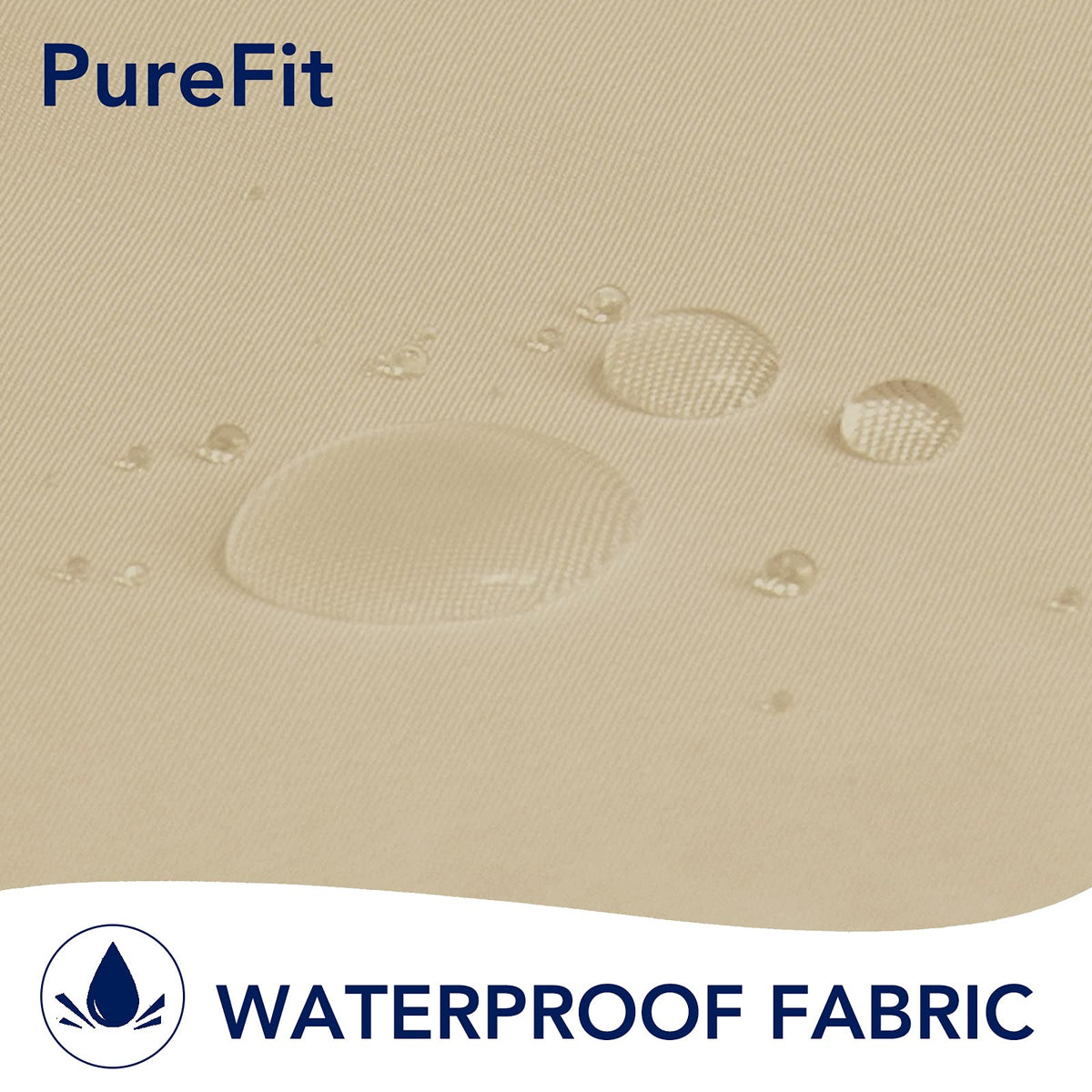 PureFit outdoor curtains in beige with textured fabric provide durable privacy and breathable airflow.