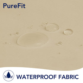 PureFit outdoor curtains in beige with textured fabric provide durable privacy and breathable airflow.