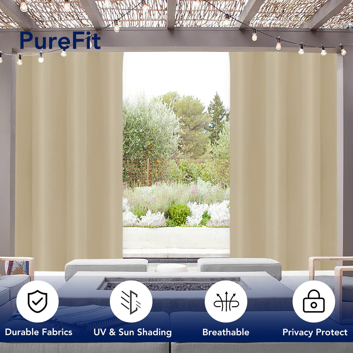 PureFit outdoor curtains block UV rays for a softer, more comfortable patio ambiance.