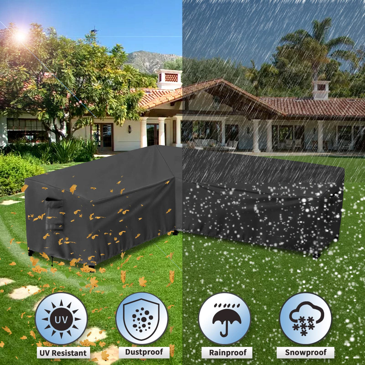 PureFit Outdoor Sectional Sofa Cover all-seasons protection guards against dust, leaves, and bird droppings.