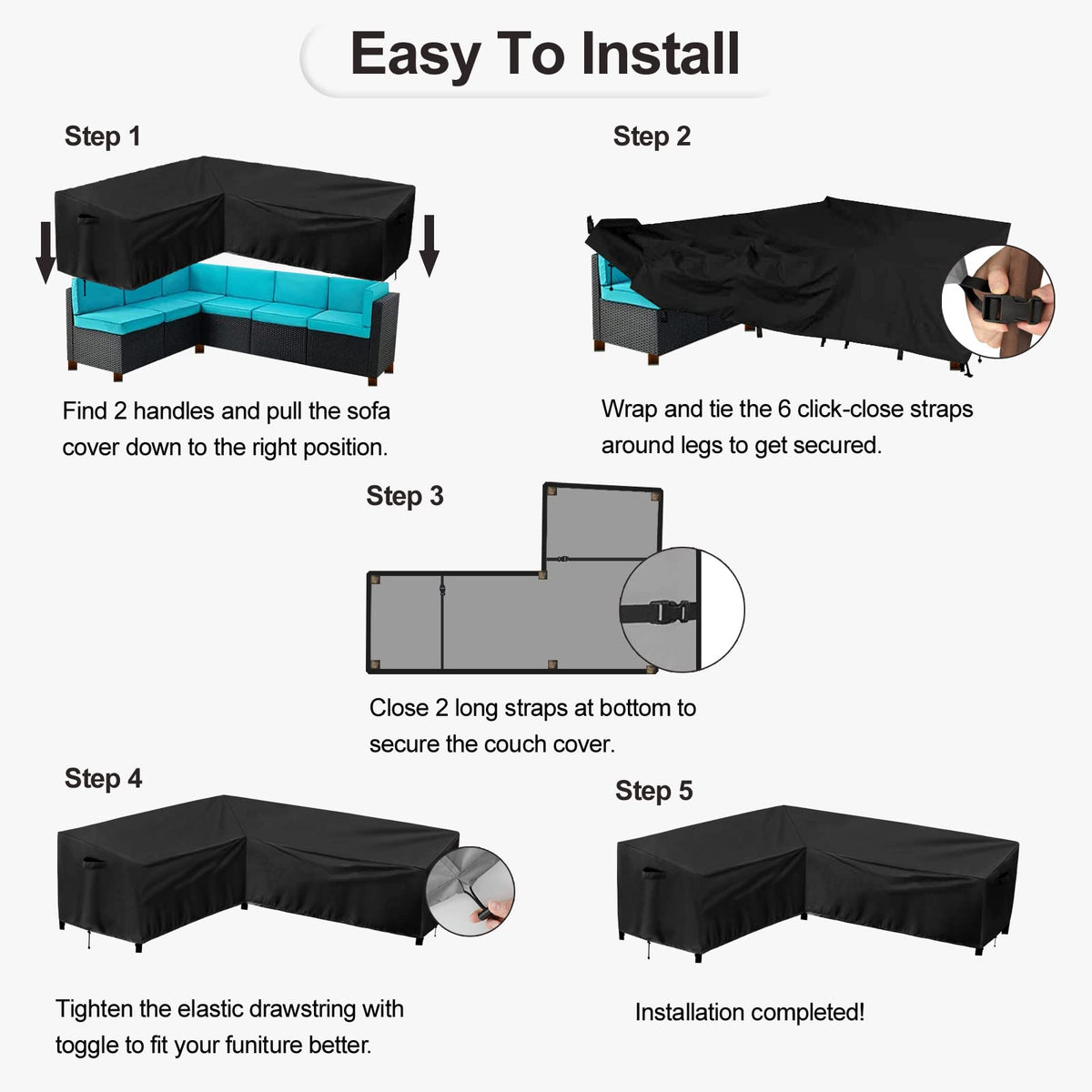 PureFit Outdoor Sectional Sofa Cover easy install with padded handles keeps setup quick.