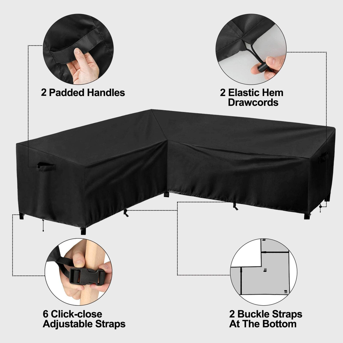 PureFit Outdoor Sectional Sofa Cover elastic hem cord ensures a snug, uniform fit.