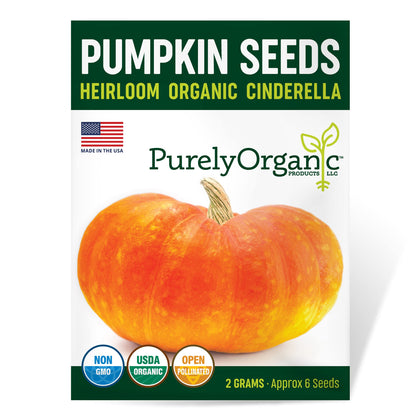 Purely Organic Cinderella pumpkin seeds pack, certified organic and open-pollinated for home gardening.