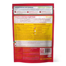 Purely Organic Tomato & Vegetable Plant Food 8-8-8 label closeup highlights trusted formula