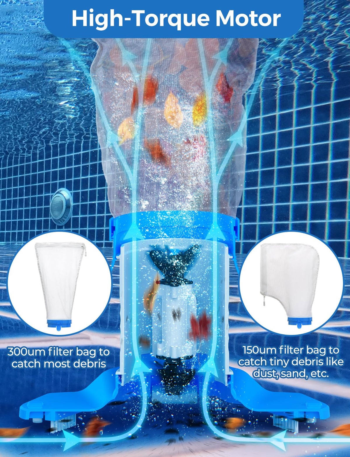 PureSwirlz pool leaf vacuum with telescopic pole reaches far corners.