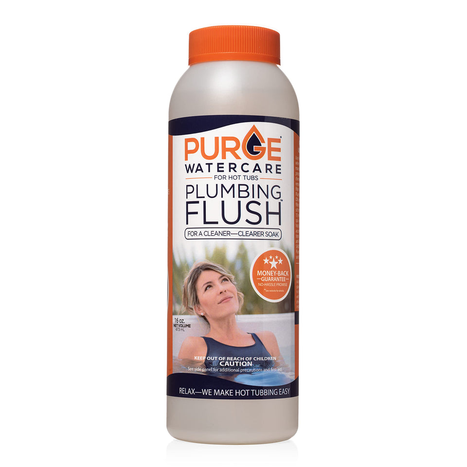 Purge Watercare Hot Tub Flush bottle pour demonstrates easy dosing for a refreshed soak