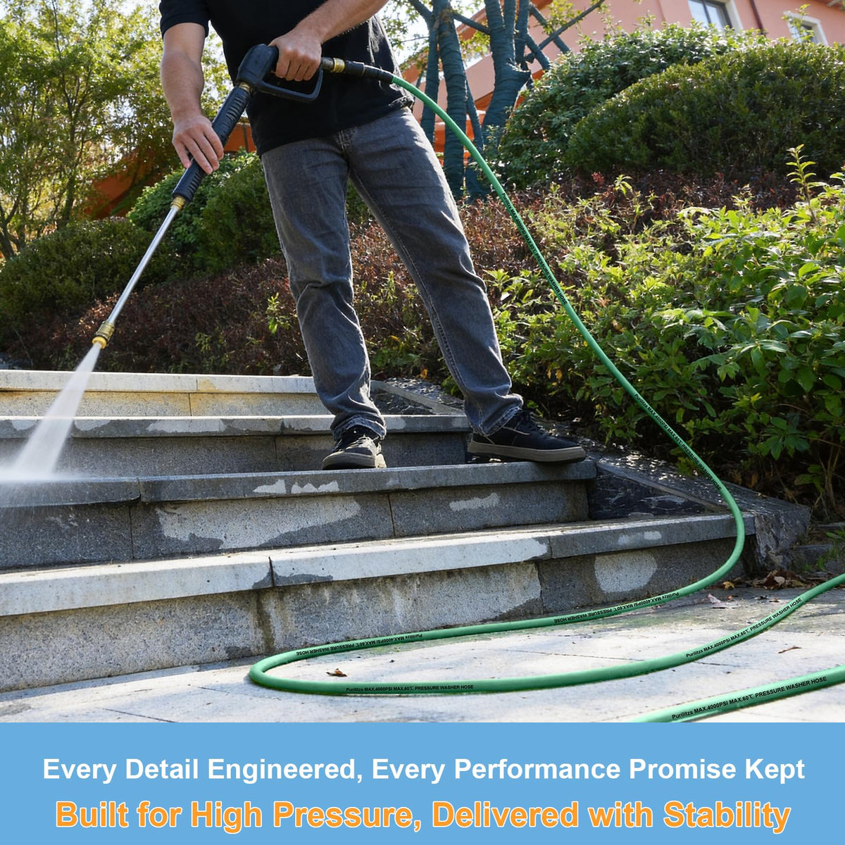 Purilitzs hose package includes four washers for leak-proof setup.