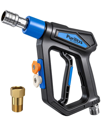 Purilitzs pressure washer gun front view showing compact 4000 PSI design for powerful cleaning.