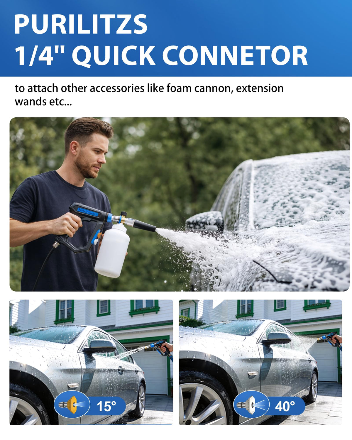 Purilitzs M22 inlet compatibility ensures fit with popular pressure washers.