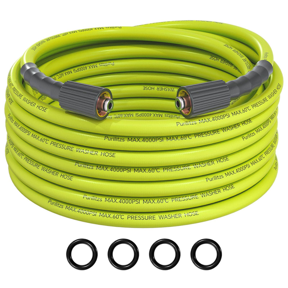 Purilitzs 25ft pressure-washer hose ready for extended outdoor cleaning