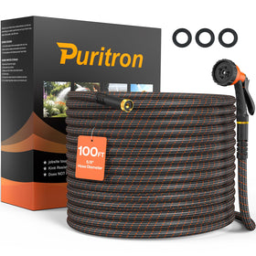 Puritron 100ft garden hose showing durable 3-layer nylon braid for heavy-duty use