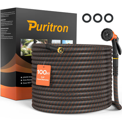 Puritron 100ft garden hose showing durable 3-layer nylon braid for heavy-duty use