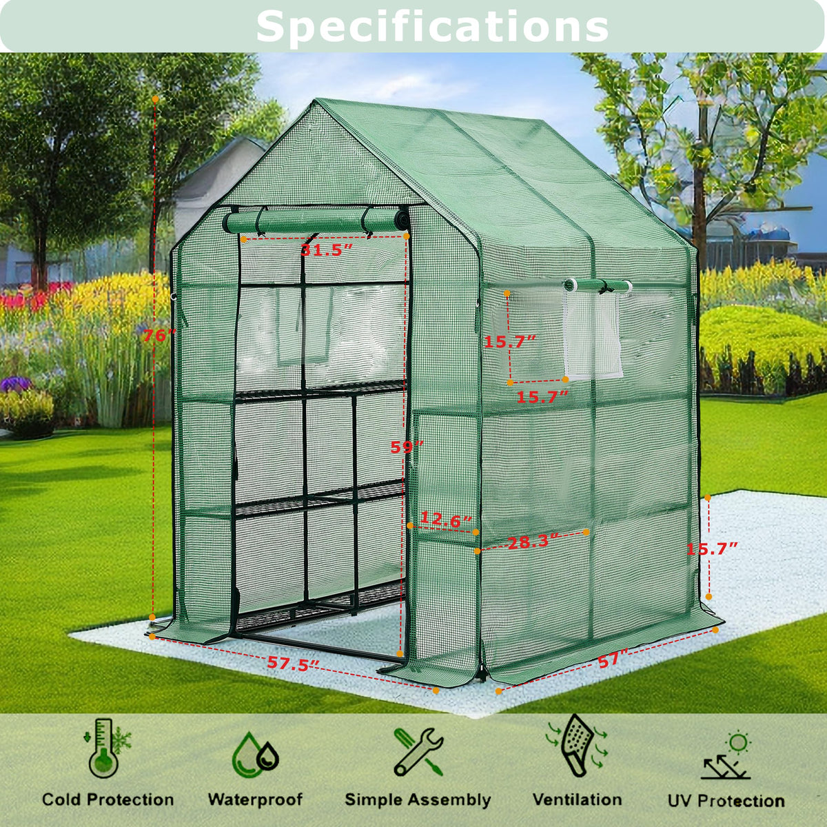Purlyu Walk-in Greenhouse showing 14 shelves for plants and trays.