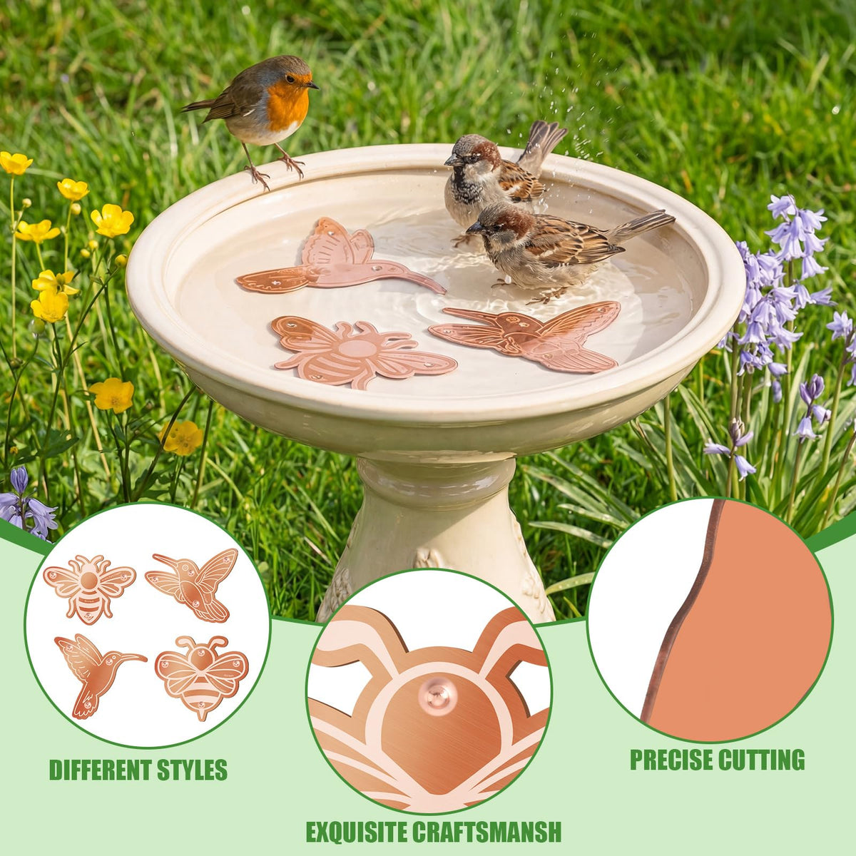 Purpeak bee-design copper disk adds charm to any outdoor bath.