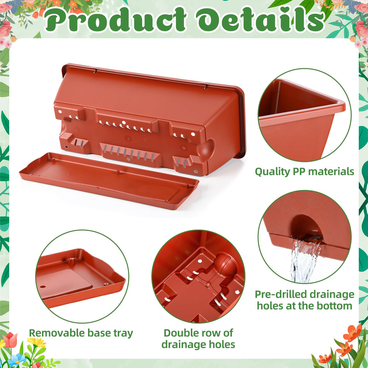 Purpeak planters with saucers and drainage holes to protect surfaces