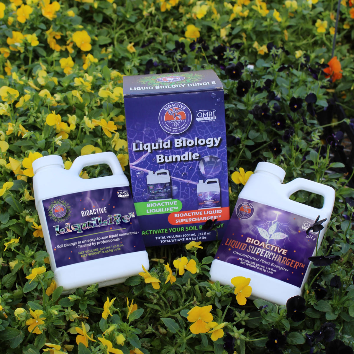 Purple Cow Organics BioActive LiquiLife bottle label shows organic compatibility and guidance.