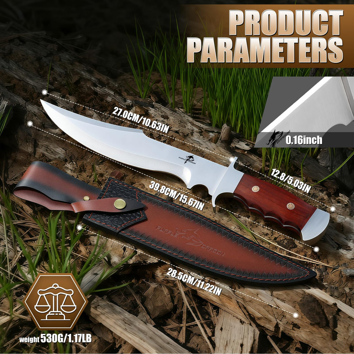 Purple Dragon Bowie Knife built for durability in extreme wilderness adventures.