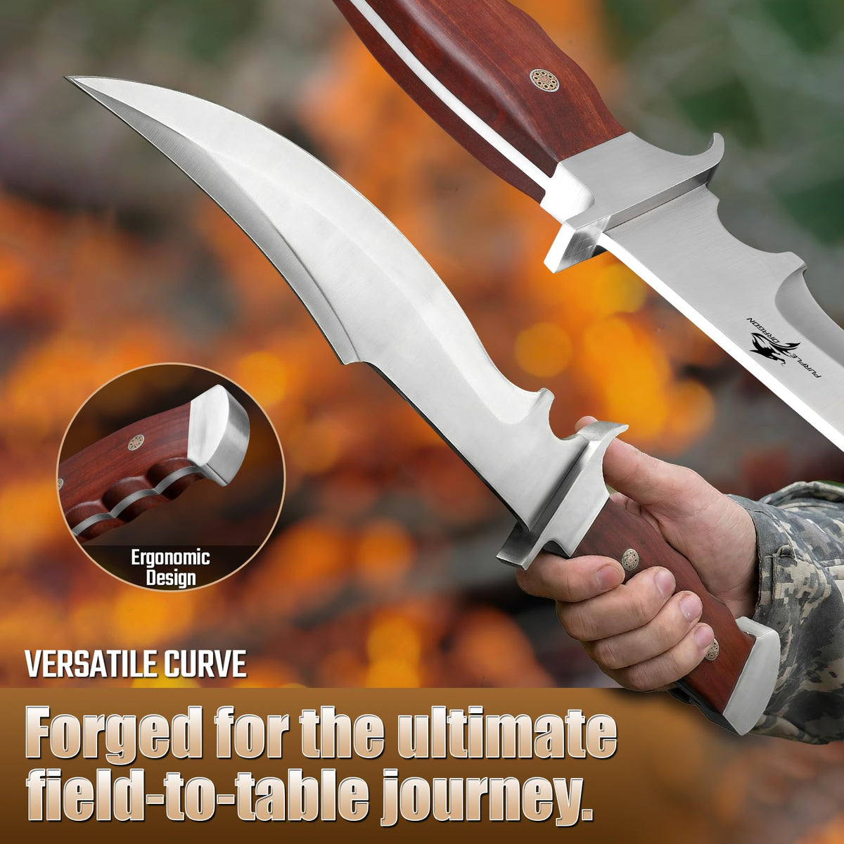 Purple Dragon Bowie Knife wood grip offers balanced, comfortable handling in rugged tasks.