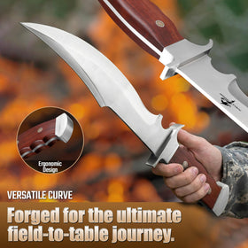 Purple Dragon Bowie Knife wood grip offers balanced, comfortable handling in rugged tasks.