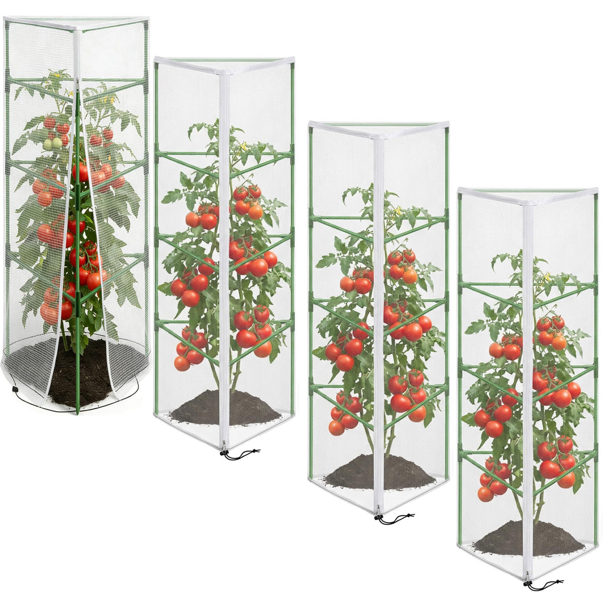PURPLE STAR 1N four-pack garden netting shown protecting tomato cages while allowing airflow.