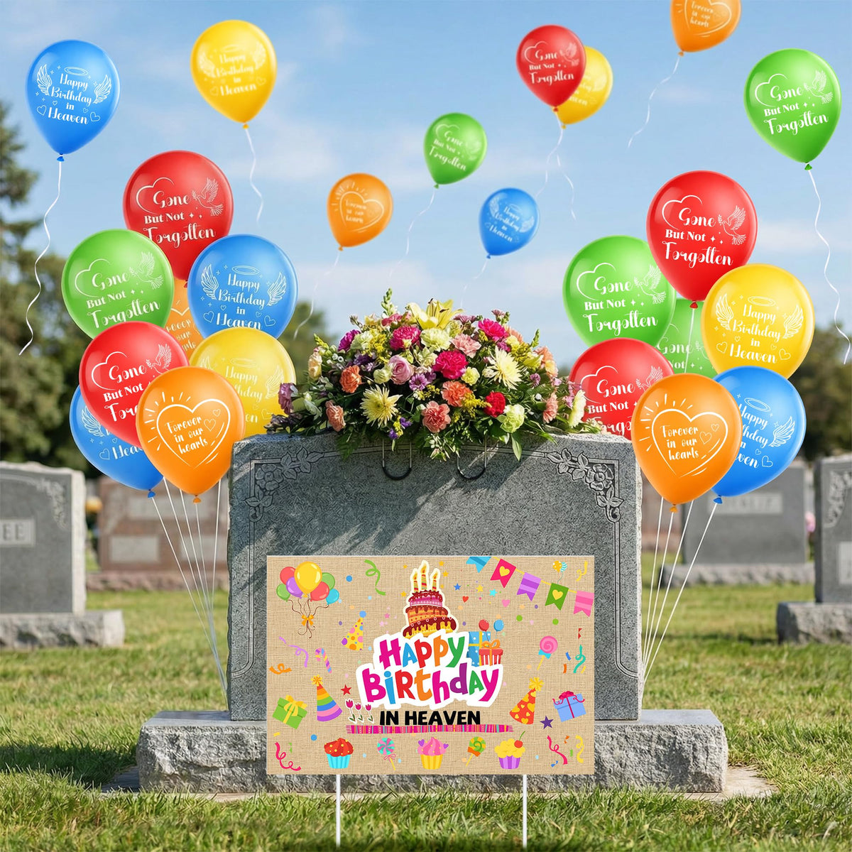 Purple Star 1N yard sign displaying Happy Birthday in Heaven for outdoor memorial decor.