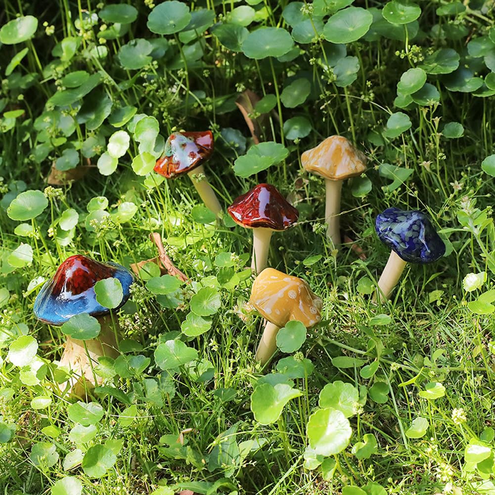 Purple Star colorful ceramic mushrooms brighten spring garden spaces