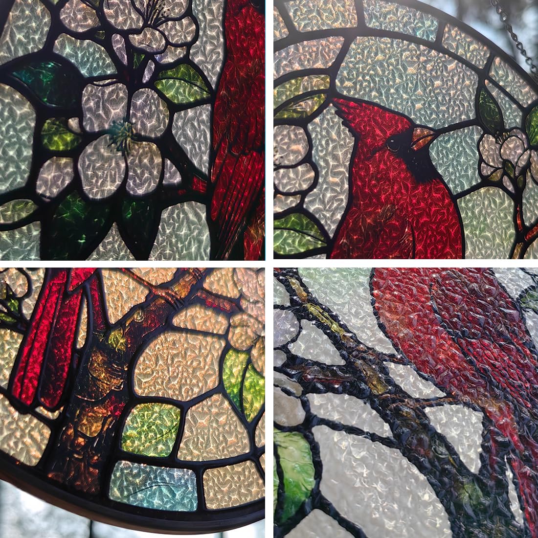 PURRGIFTS red cardinal suncatcher with branch design brightening kitchen window.
