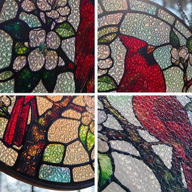 PURRGIFTS red cardinal suncatcher with branch design brightening kitchen window.