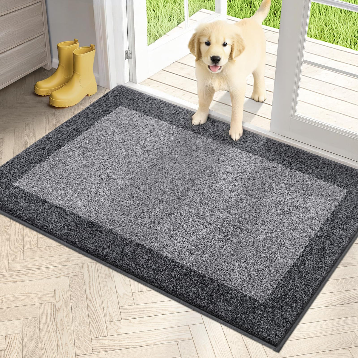 PURRUGS dirt-trapping door mat at the front door highlighting its low-profile design for smooth clearance.