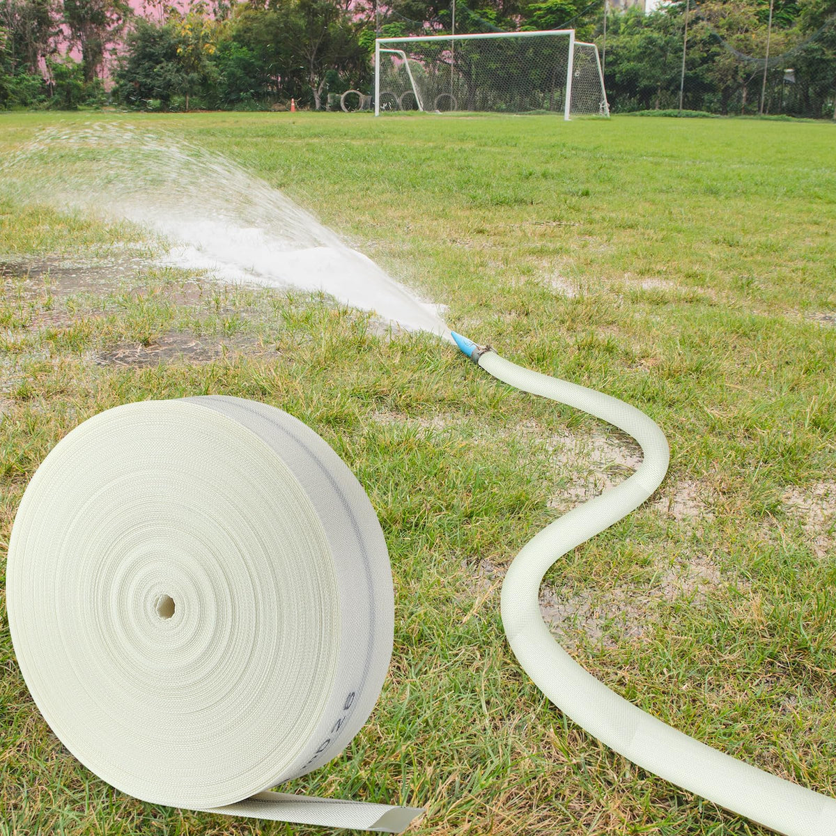 Pushglossy hose rolled flat for compact storage after use.