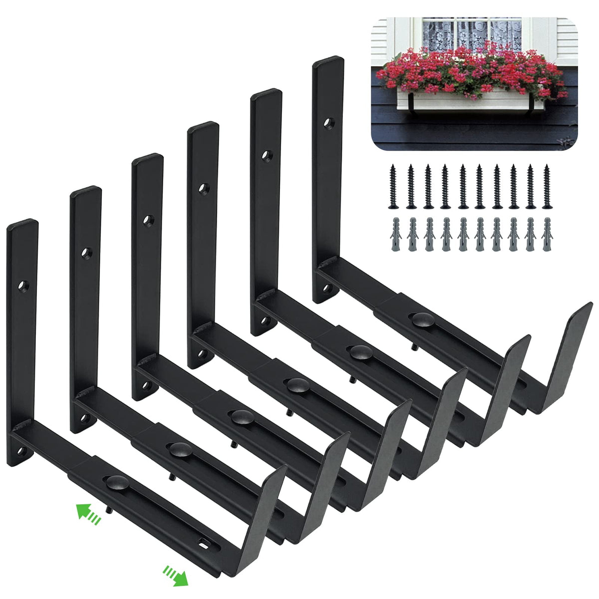 Pusonor adjustable window box bracket with slider base rail supports 6–12 inch planters.
