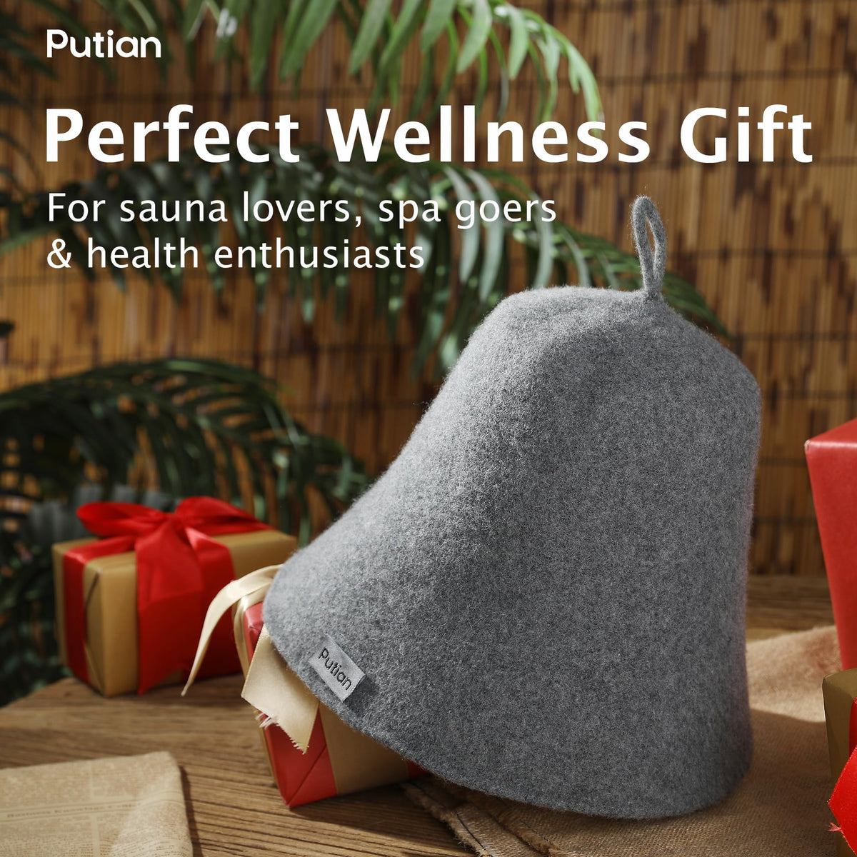 PuTian merino wool sauna hat gray edge stitching detail