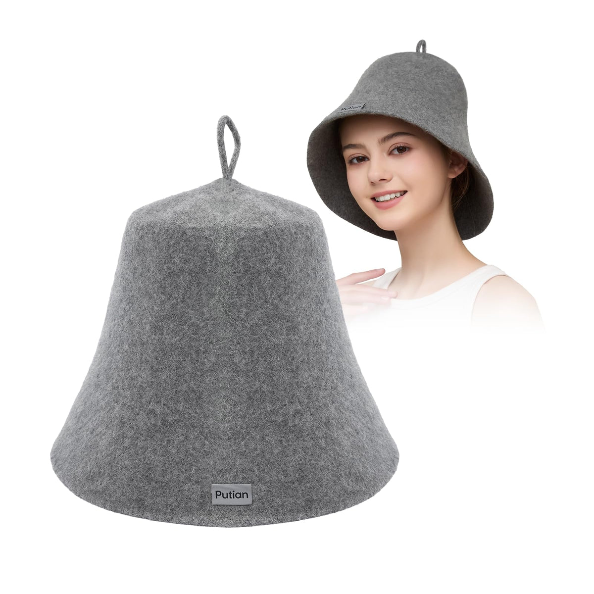 PuTian merino wool sauna hat gray front view showing comfortable fit