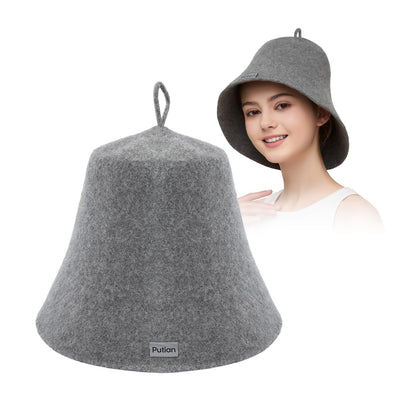 PuTian merino wool sauna hat gray front view showing comfortable fit